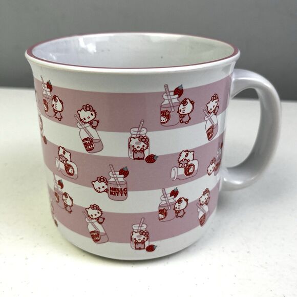 Sanrio Other - Hello Kitty Coffee Mug Cup Sanrio Strawberry Milk 20oz White Pink Striped